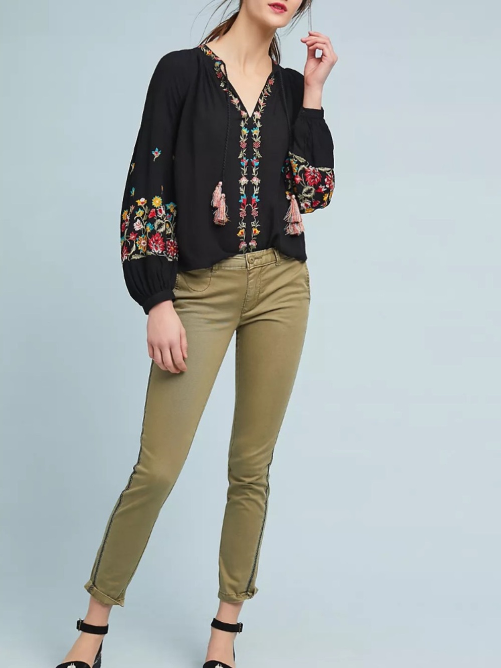 Anthropologie Maeve Lanie Boho floral Embroidered Black Women's Top Sz Large
